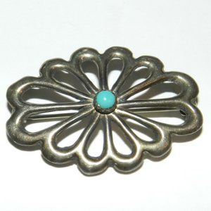 Vtg Native American Navajo Sterling Silver Turquoise sandcast Brooch Unmarked
